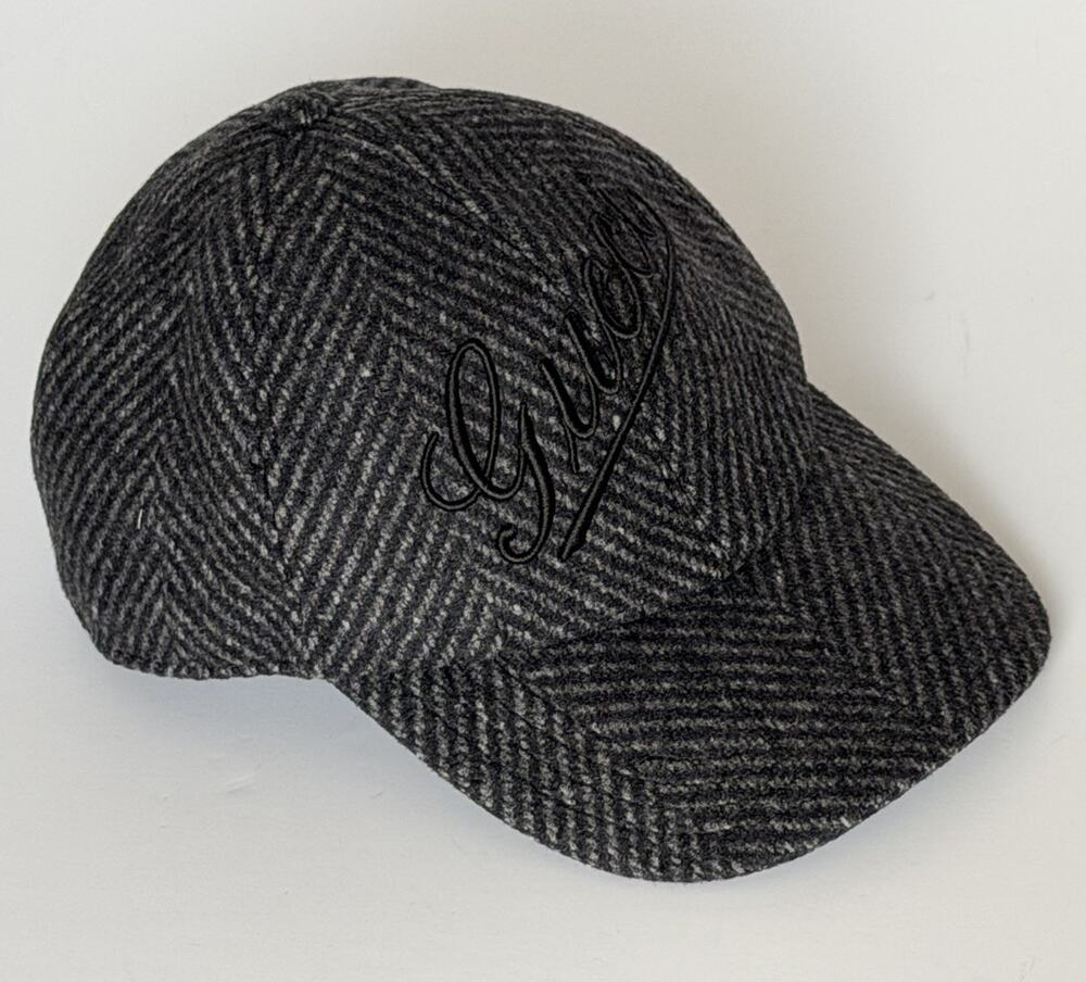 Gucci Herringbone Wool/Silk Baseball Hat Charcoal Logo Cap Size Large 817497 NWT